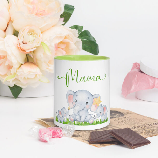 Mama Elephant Family (2) Mug with Green Color Inside