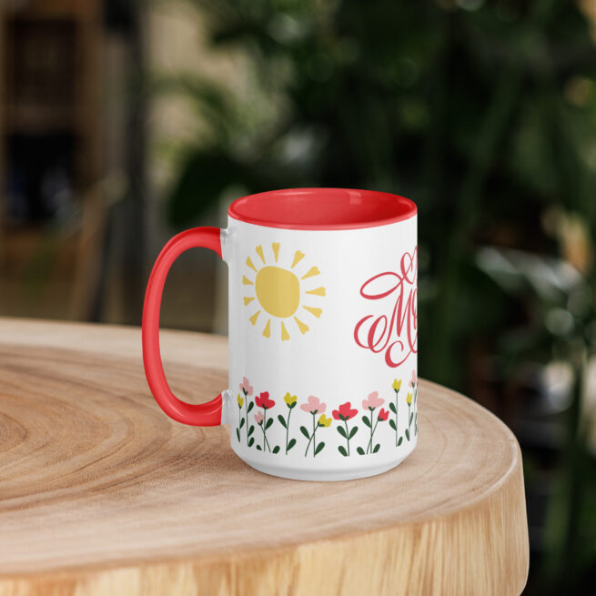 Mom Floral Red Mug with Color Inside - Image 2